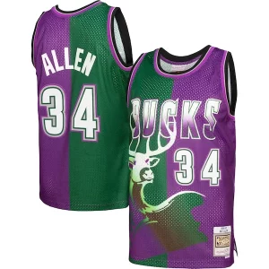 Eccezionale Ray Allen Milwaukee Bucks Hardwood Classics 1996/97 Split Swingman Jersey Green/Purple  per la Gara Importante