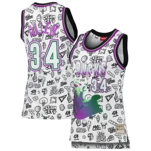 Raffinato Ray Allen Milwaukee Bucks Women's 1996 Doodle Swingman Jersey White  per la Gara Importante