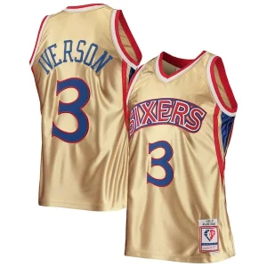 Pratico Trendy Elegante Allen Iverson Philadelphia 76ers 75th Anniversary 1996/97 Hardwood Classics Swingman Jersey Gold  per la Gara Importante