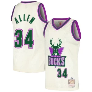 Eccezionale Ray Allen Milwaukee Bucks Chainstitch Swingman Jersey Cream  per la Gara Importante
