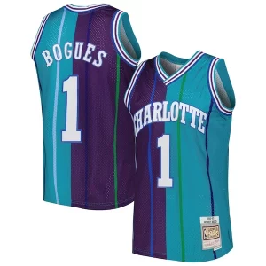 Sofisticato Comodo Muggsy Bogues Charlotte Hornets Hardwood Classics 1992/93 Split Swingman Jersey Teal/Purple  per la Gara Importante