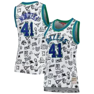 Magnifico Elegante Dirk Nowitzki Dallas Mavericks Women's 1998 Doodle Swingman Jersey White  per la Gara Importante