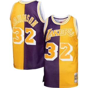 Accattivante Magic Johnson Los Angeles Lakers Big & Tall Hardwood Classics 1984/85 Split Swingman Jersey Purple/Gold  per la Gara Importante