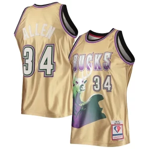 Meraviglioso Incantevole Elegante Ray Allen Milwaukee Bucks 75th Anniversary 1996/97 Hardwood Classics Swingman Jersey Gold  per la Gara Importante
