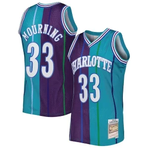 Elegante Alonzo Mourning Charlotte Hornets Hardwood Classics 1992/93 Split Swingman Jersey Teal/Purple  per la Gara Importante
