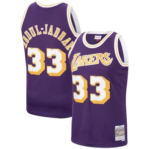 Meraviglioso Kareem Abdul Jabbar Los Angeles Lakers Hardwood Classics Swingman Jersey Purple/Gold  per la Gara Importante