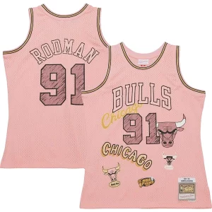Splendido Magnifico Elegante Dennis Rodman Chicago Bulls 1997/98 Swingman Sidewalk Sketch Jersey Pink  per la Gara Importante