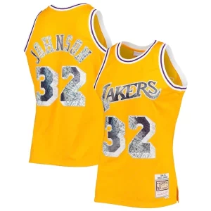 Moderno Classico Magic Johnson Los Angeles Lakers 1984/85 Hardwood Classics NBA 75th Anniversary Diamond Swingman Jersey Gold  per la Gara Importante