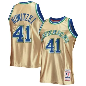 Carino Accattivante Dirk Nowitzki Dallas Mavericks 75th Anniversary 1998/99 Hardwood Classics Swingman Jersey Gold  per la Gara Importante