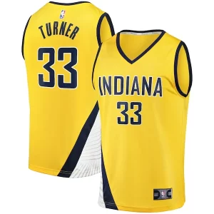 Incantevole Resistente Eccezionale Myles Turner Indiana Pacers Fast Break Replica Jersey Statement Edition Gold  per la Gara Importante