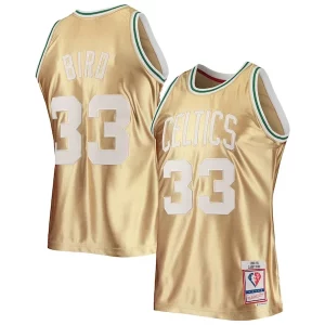 Moderno Lussuoso Stupendo Larry Bird Boston Celtics 75th Anniversary 1985/86 Hardwood Classics Swingman Jersey Gold  per la Gara Importante