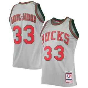 Eccezionale Cool Kareem Abdul Jabbar Milwaukee Bucks 75th Anniversary 1971/72 Hardwood Classics Swingman Jersey Silver  per la Gara Importante