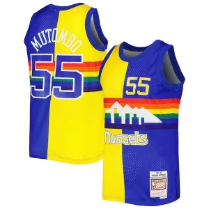 Accattivante Meraviglioso Dikembe Mutombo Denver Nuggets Hardwood Classics 1991/92 Split Swingman Jersey Royal/Gold  per la Gara Importante