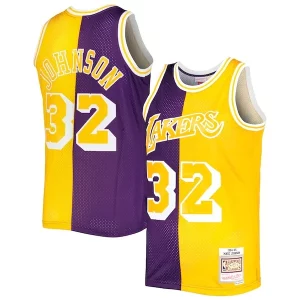 Trendy Magic Johnson Los Angeles Lakers Hardwood Classics 1984/85 Split Swingman Jersey Purple/Gold  per la Gara Importante