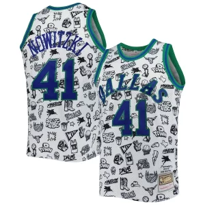 Pratico Magnifico Dirk Nowitzki Dallas Mavericks 1998/99 Hardwood Classics Doodle Swingman Jersey White  per la Gara Importante