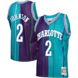 Trendy Larry Johnson Charlotte Hornets Hardwood Classics Split Swingman Jersey Teal/Purple  per la Gara Importante