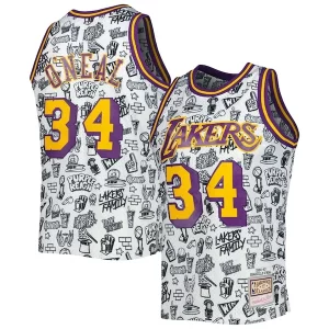 Delizioso Shaquille O'Neal Los Angeles Lakers 1996/97 Hardwood Classics Doodle Swingman Jersey White  per la Gara Importante