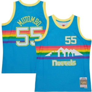 Incantevole Delizioso Dikembe Mutombo Denver Nuggets Hardwood Classics 1991/92 Tropical Swingman Jersey Blue  per la Gara Importante
