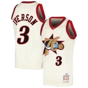 Attraente Allen Iverson Philadelphia 76ers Chainstitch Swingman Jersey Cream  per la Gara Importante